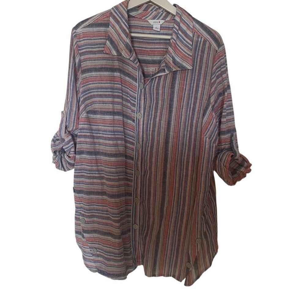 Intro. Linen Blend Button Down Blouse Xl Striped … - image 7